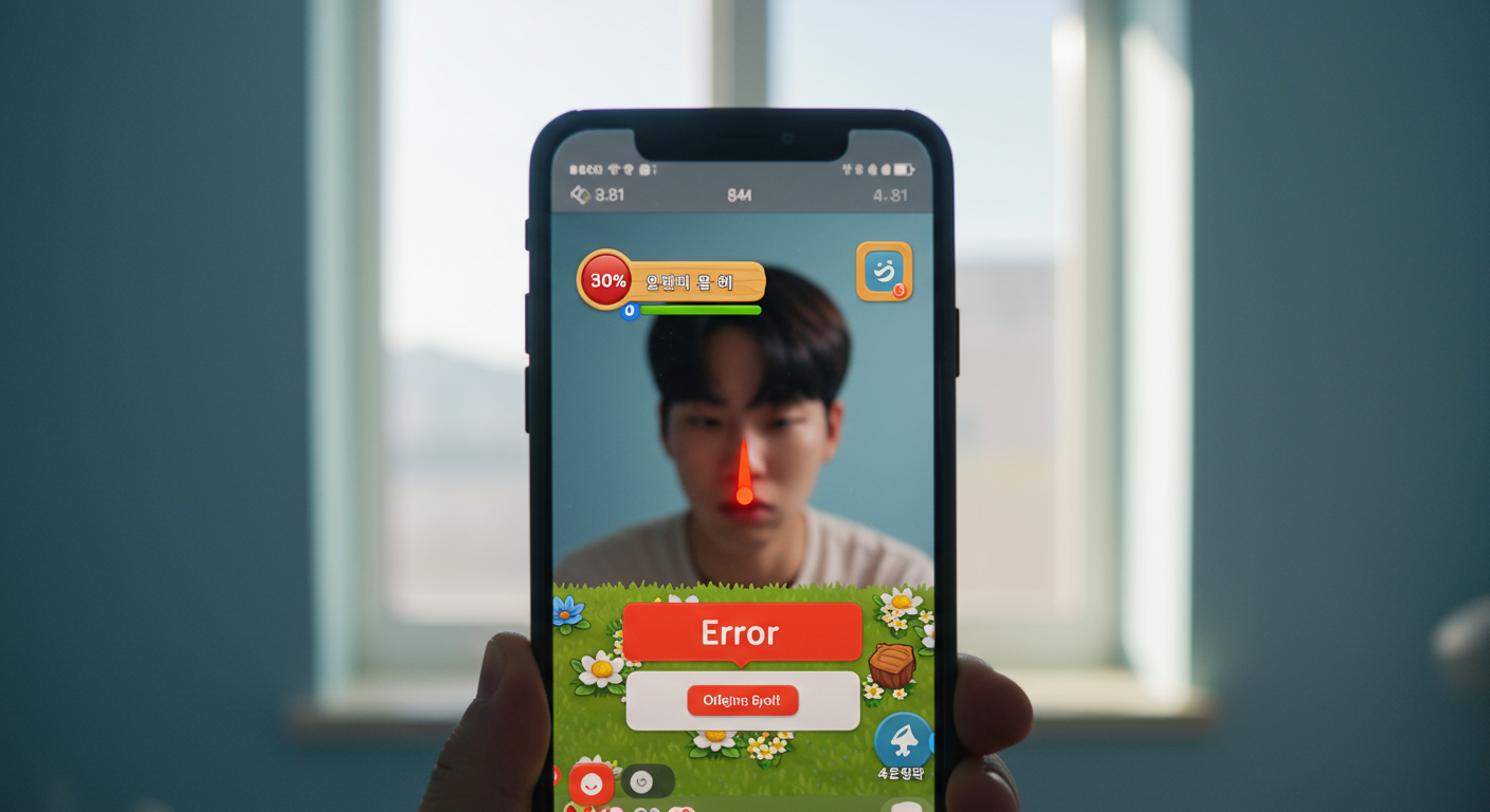 한국의 농장 앱 게임 실행 중 스마트폰 화면에 오류 메시지가 뜨고 있는 모습