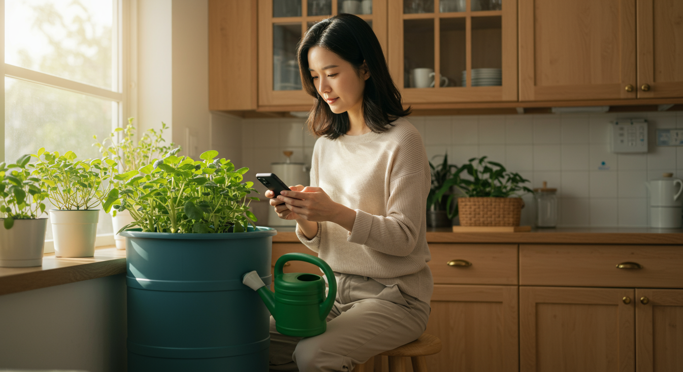 아침 시간에 집에서 농장 앱으로 물 자원을 효율적으로 모으고 있는 여성