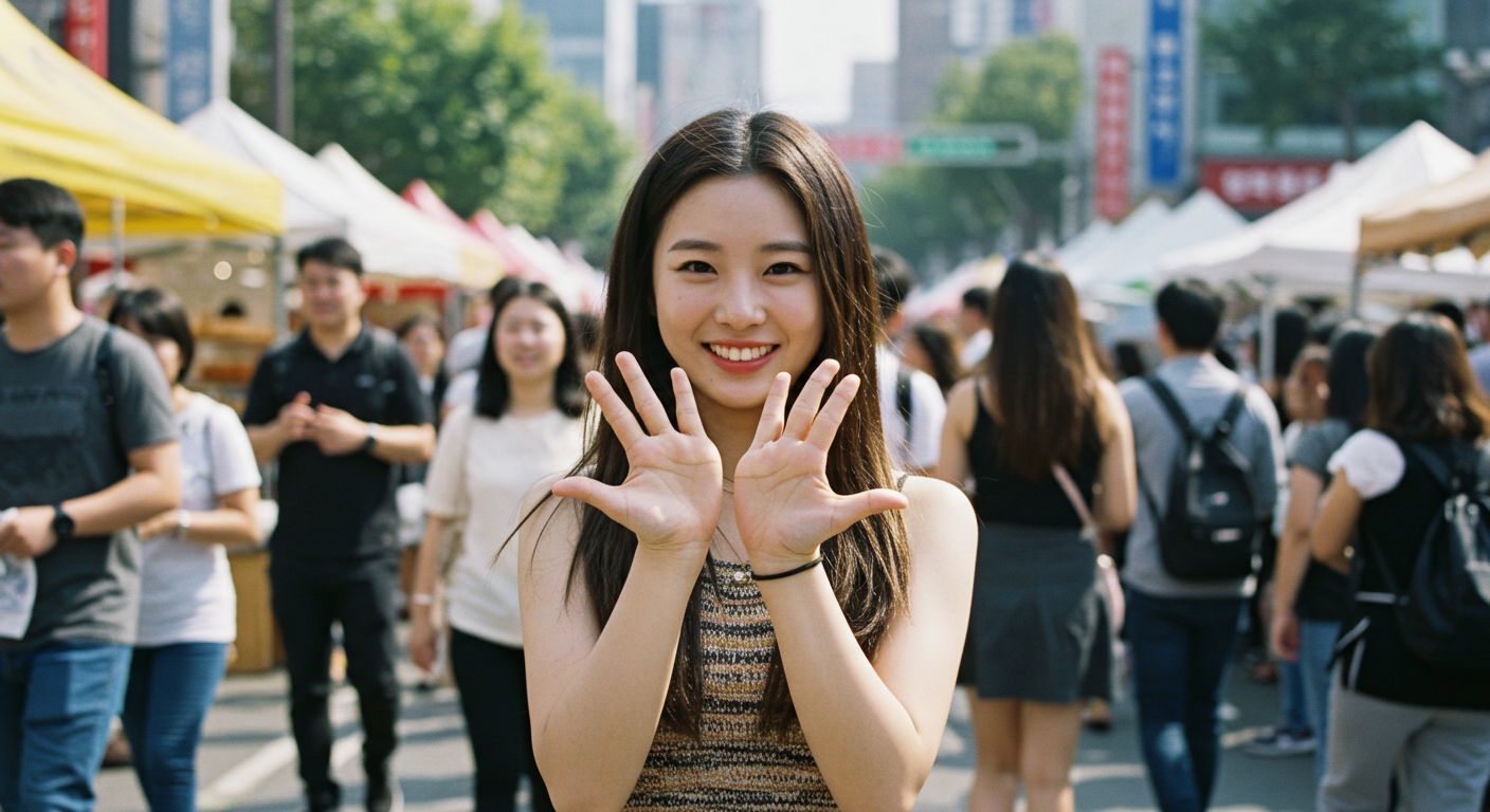 작은 손을 당당하게 보이는 한국 여성이 주위 사람들의 관심을 받는 모습