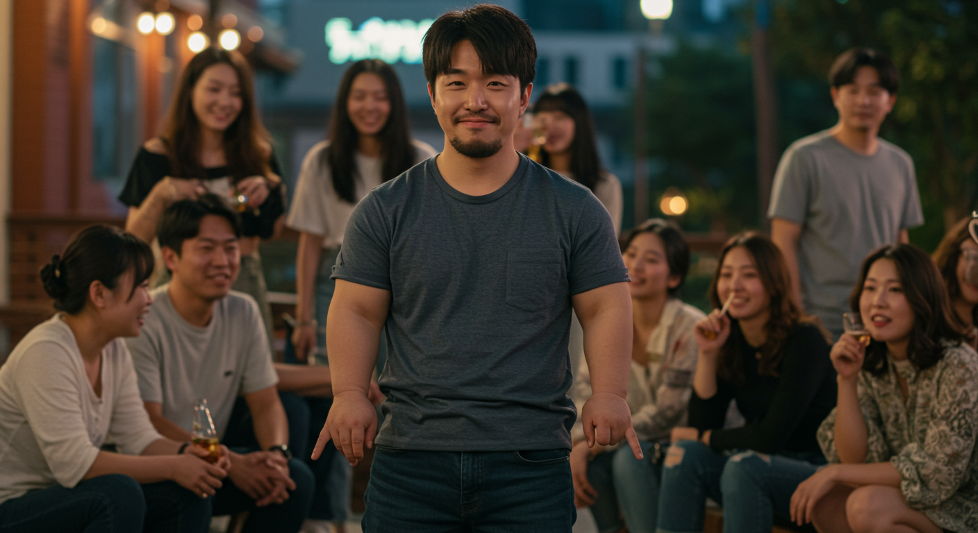 작은 손을 가진 한국 남성이 자신감 있게 활동하는 장면