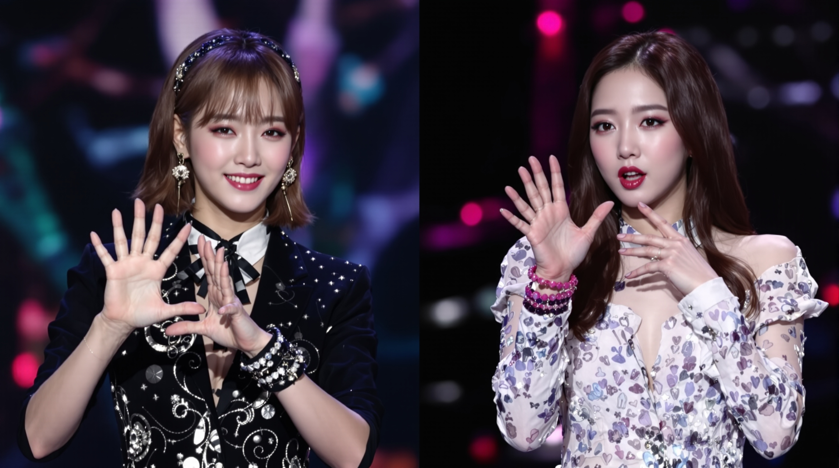 유아인과 지민 같은 유명 연예인들이 독특한 손 모양을 무대에서 자랑하는 모습