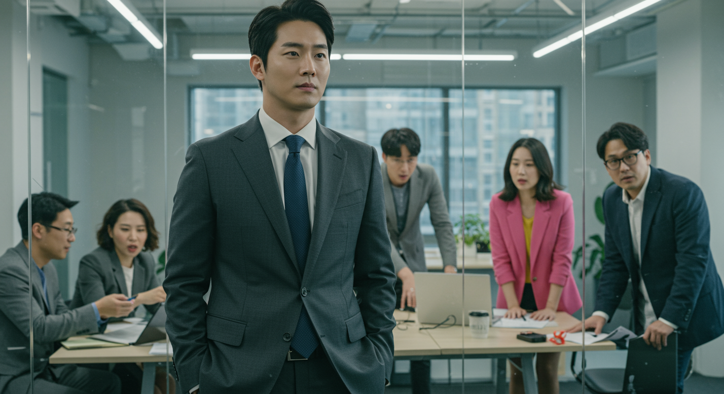 세련된 정장을 입고 사무실에서 결단력 있는 표정을 짓고 있는 비즈니스맨