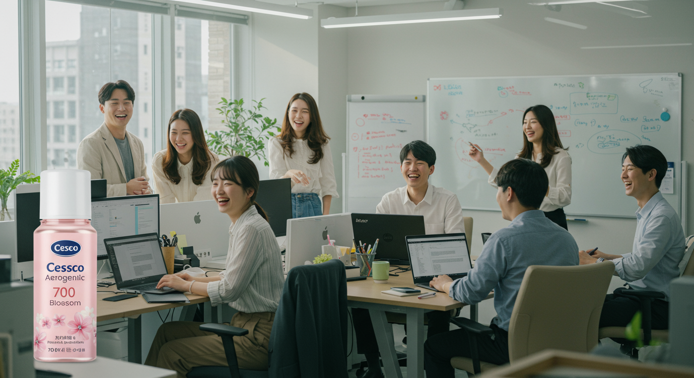 사무실에서 세스코 에어제닉 700 블로썸 향기를 맡으며 만족감을 느끼는 한국 직원들