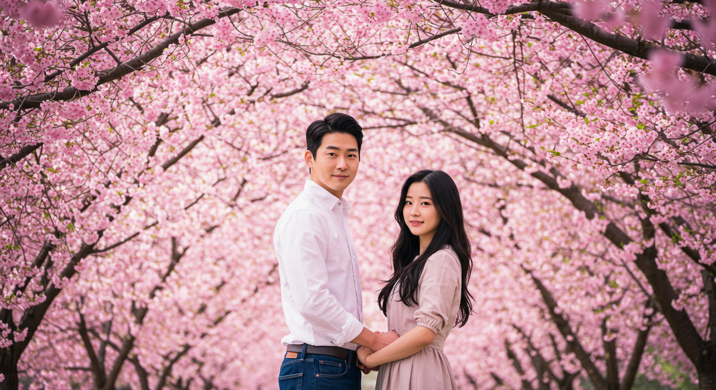 벚꽃 아래 서서 희망에 찬 표정을 짓고 있는 한국 커플