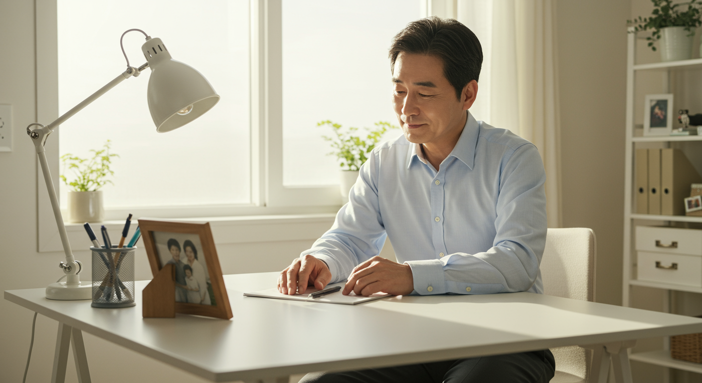 중년 남성이 책상 위 가족사진을 바라보며 생각에 잠긴 모습