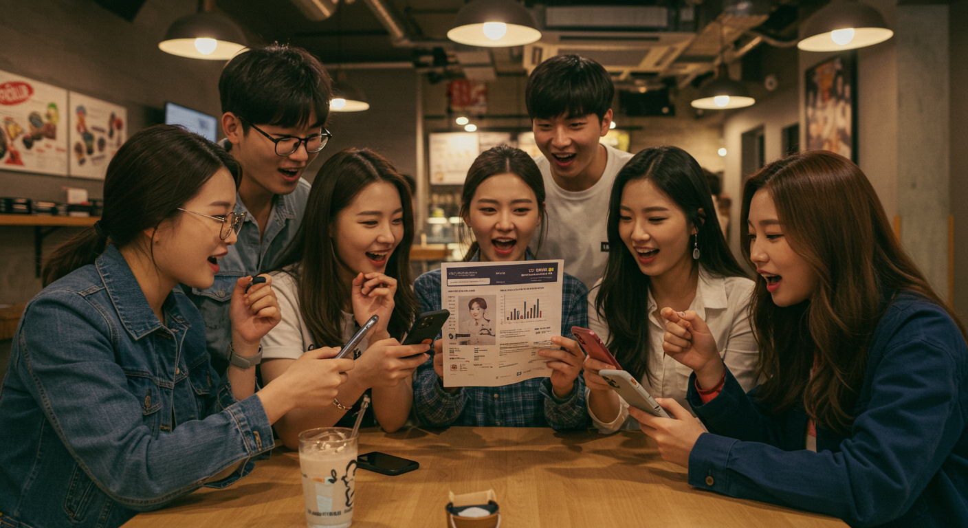 카페에서 스마트폰으로 팝송 차트를 보며 토론하는 젊은 한국인들