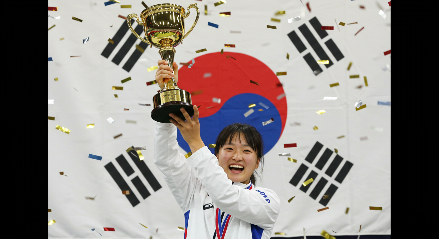 트로피를 든 한국 운동선수가 국기 배경 앞에서 환호하는 모습