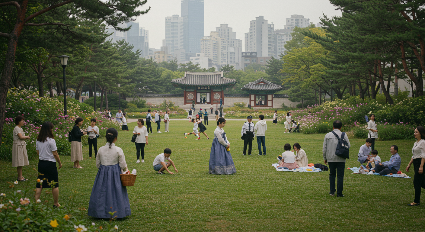 한국 도시 공원에서 다양한 사람들이 평화롭게 어울리며 조화를 이루는 모습