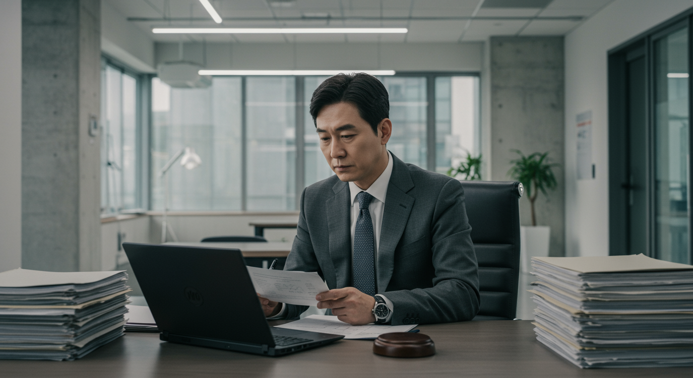 사무실에서 증거를 분석하며 객관성과 진실을 추구하는 한국 변호사의 모습