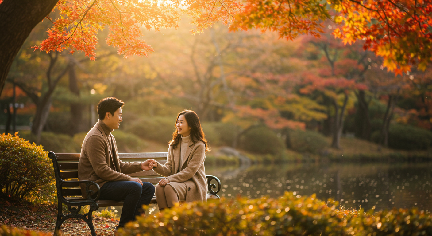 가을 공원에서 로맨틱한 데이트를 즐기는 한국 커플