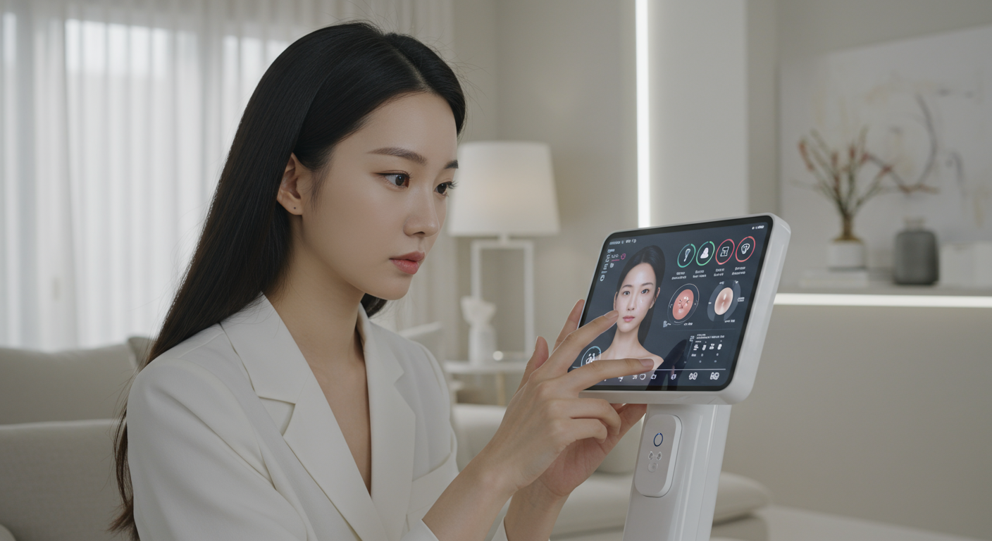현대적인 거실에서 첨단 피부 분석 장치를 사용하는 여성의 모습
