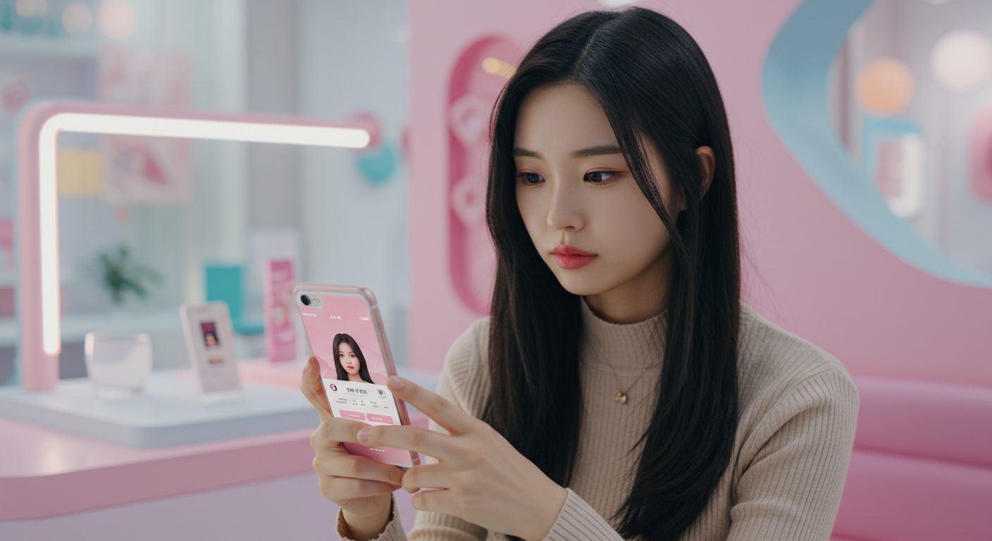 스마트폰으로 메이투 앱을 사용하는 현대 여성