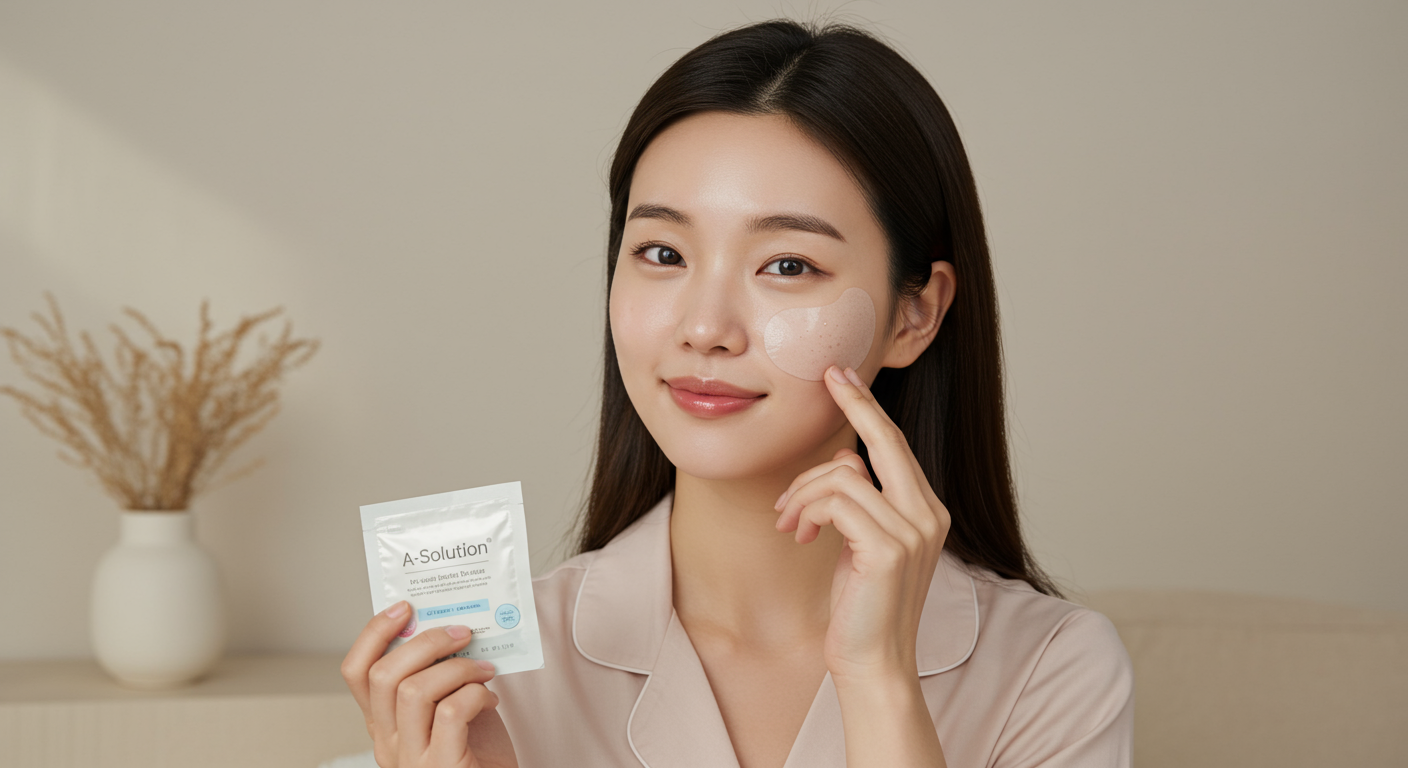 에이솔루션 패치를 사용하는 여성이 집에서 편안하게 피부를 관리하는 모습