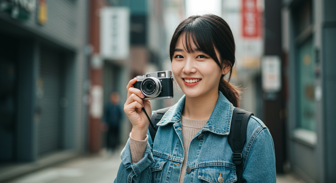 작은 크기의 카메라가 한국 사진작가의 손안에 있는 모습