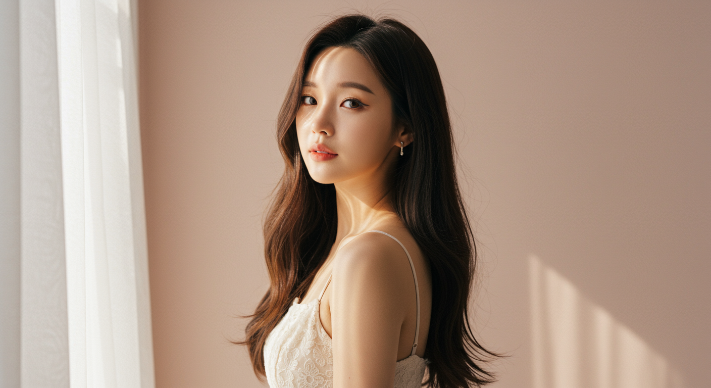 부드러운 디퓨전 필터 조명 아래 포즈를 취하는 한국 모델의 초상화