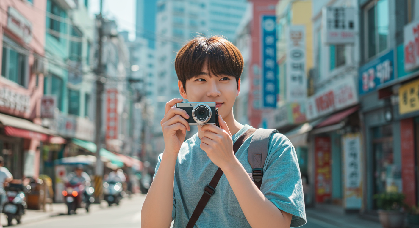 도심 탐험 중 작은 카메라를 사용하는 젊은 여행자의 모습