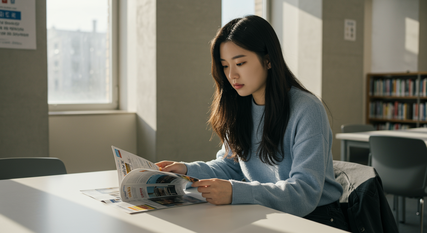 현대적인 도서관에서 대학 안내 책자를 보는 학생