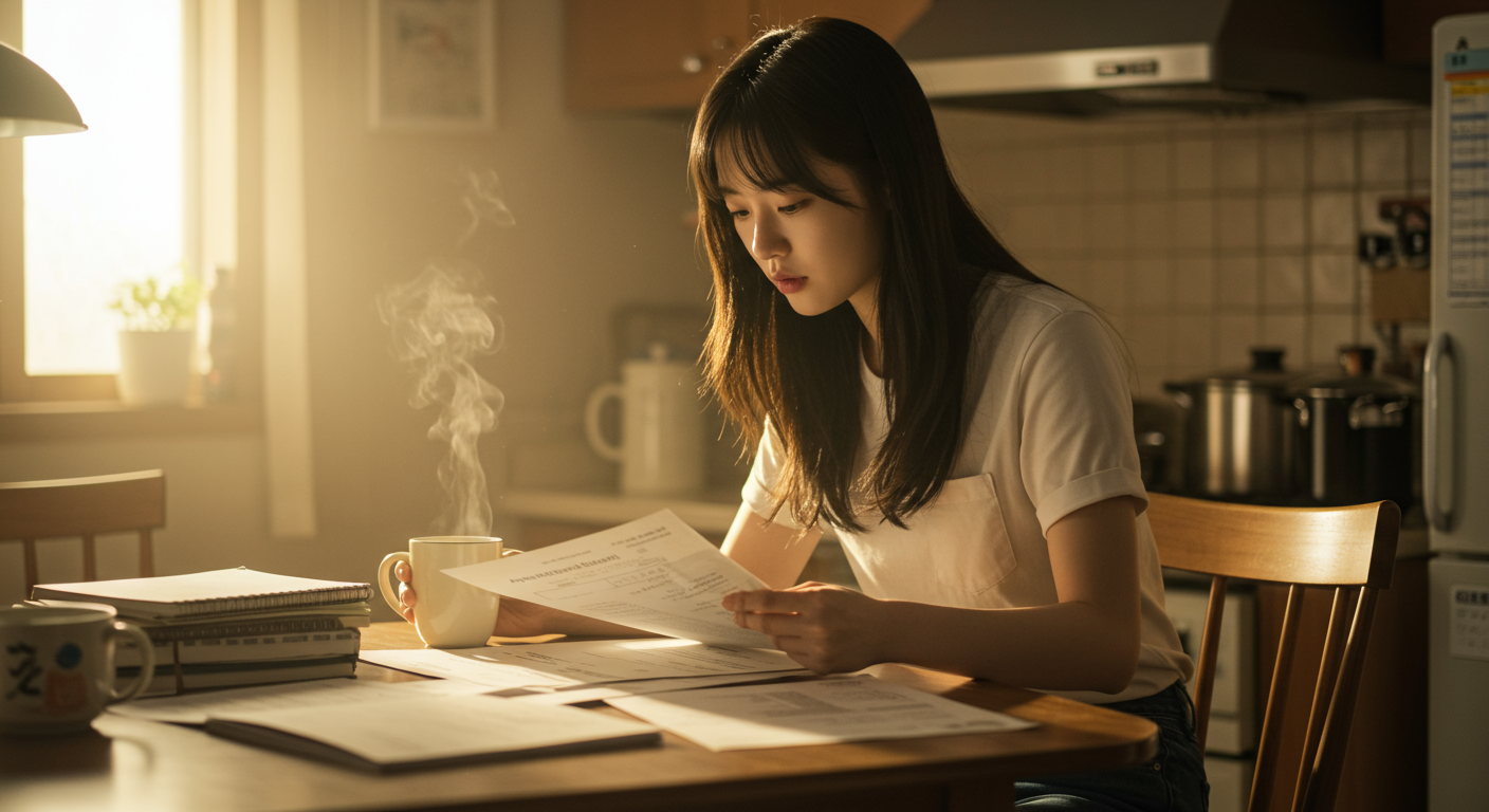 한 사람이 커피와 함께 신청 체크리스트와 재무 문서를 검토하는 모습