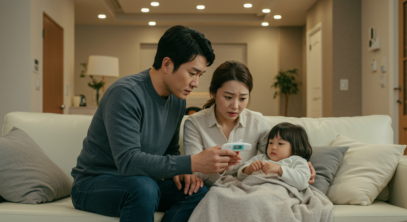 부모가 아이의 체온을 체크하며 걱정하는 모습