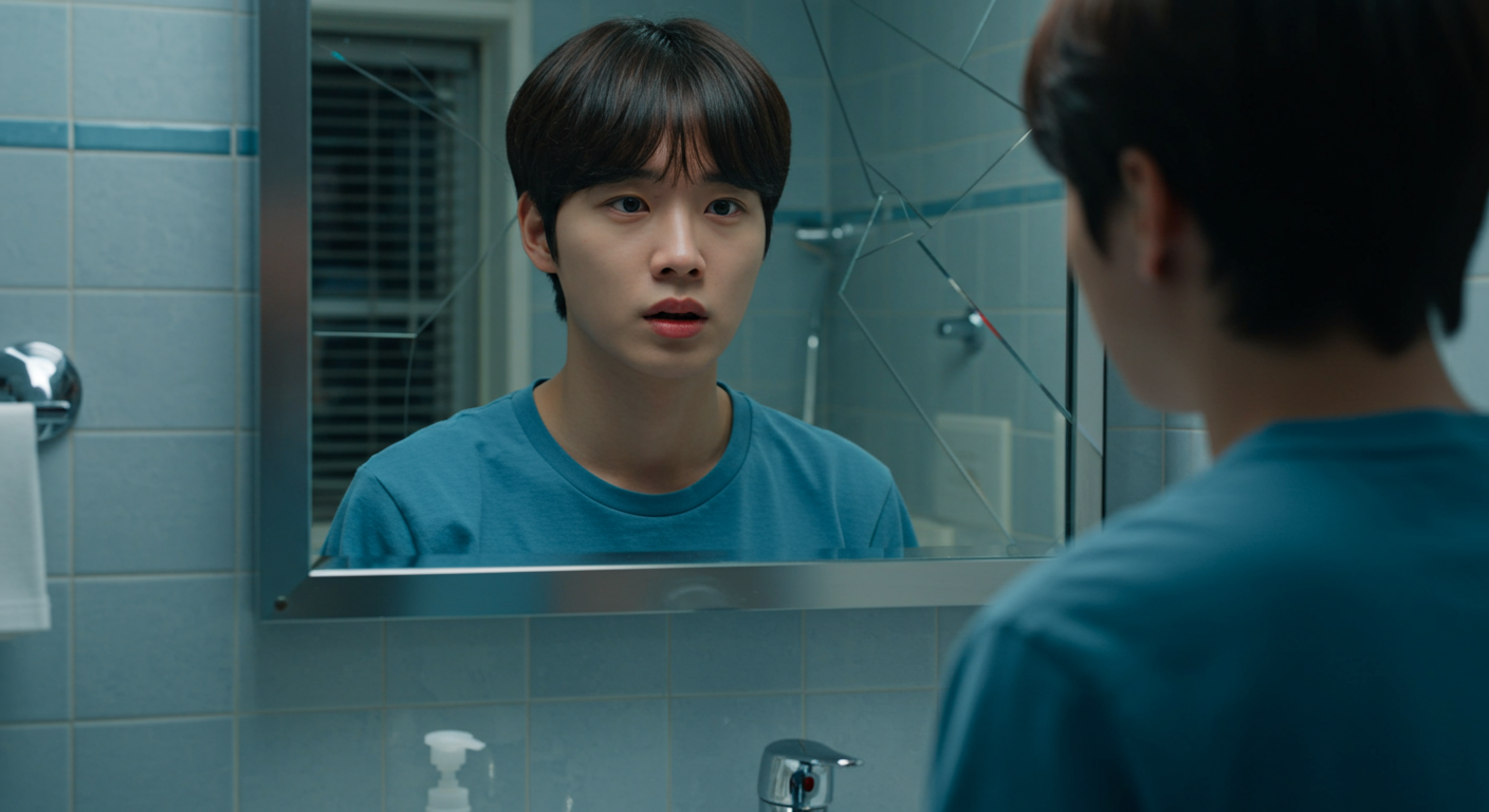 거울을 보며 사라진 치아를 걱정스럽게 바라보는 젊은 성인의 모습