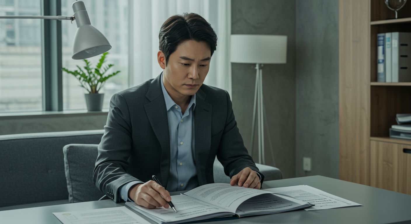 자존감과 가족 역학 관련 문서를 보며 사무실에서 깊은 생각에 잠긴 사람