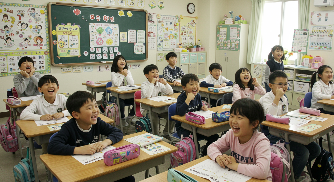 초등학생들이 교실에서 웃으며 퀴즈 활동을 하는 모습