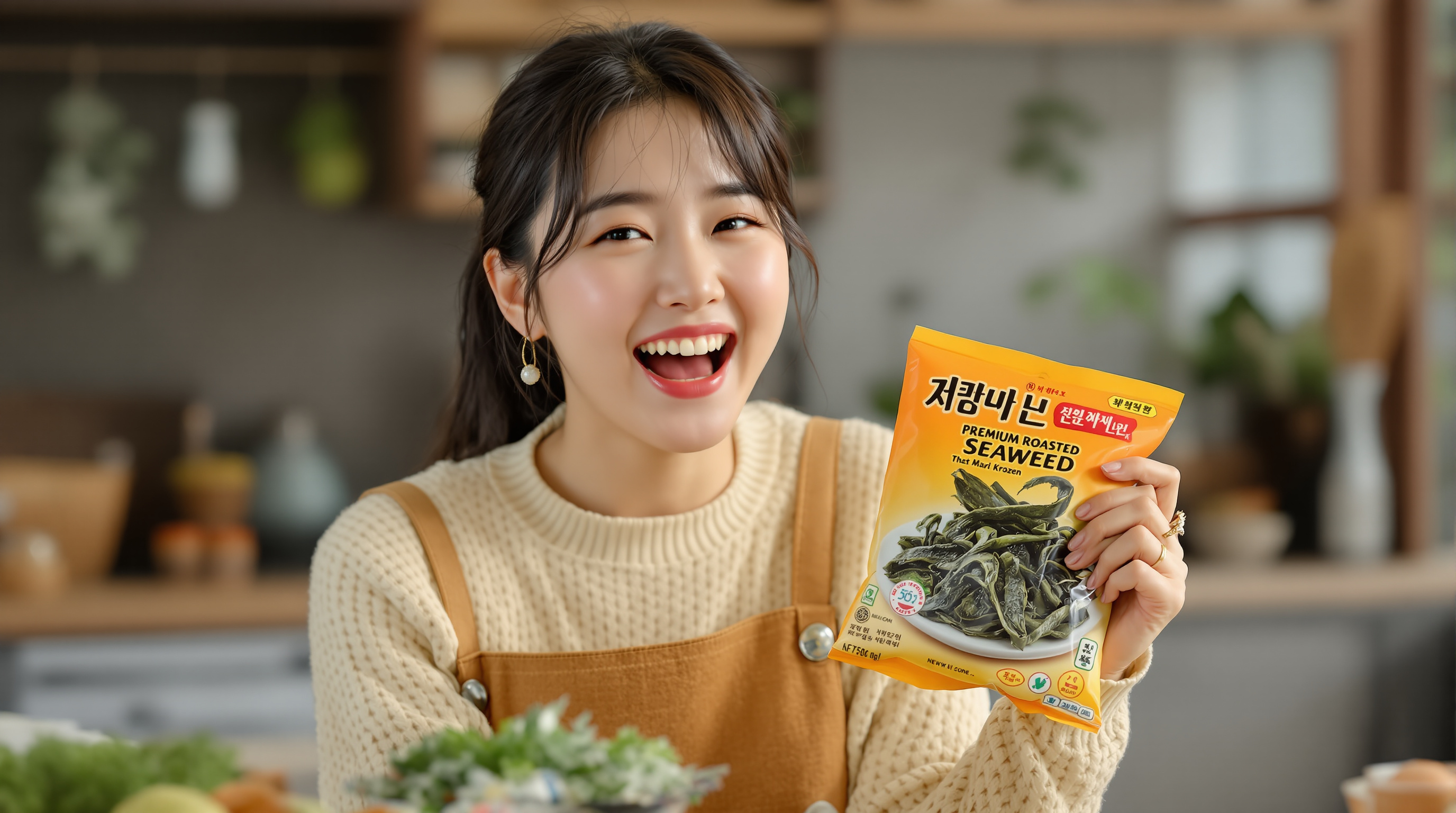 주방에서 프리미엄 구운 김을 들고 기뻐하는 배우 한효주의 모습