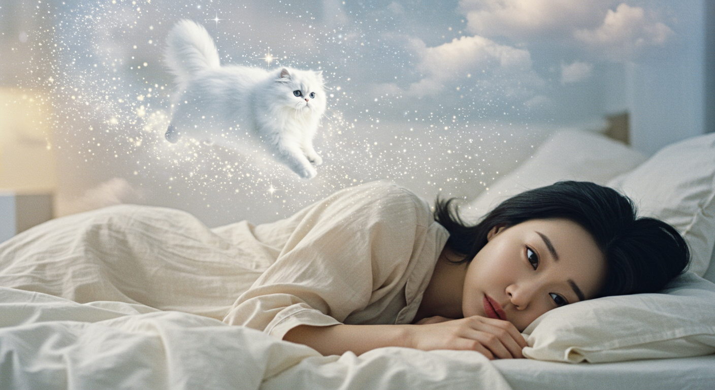 침대에 누워 있는 여성이 고양이와 관련된 꿈을 꾸는 모습