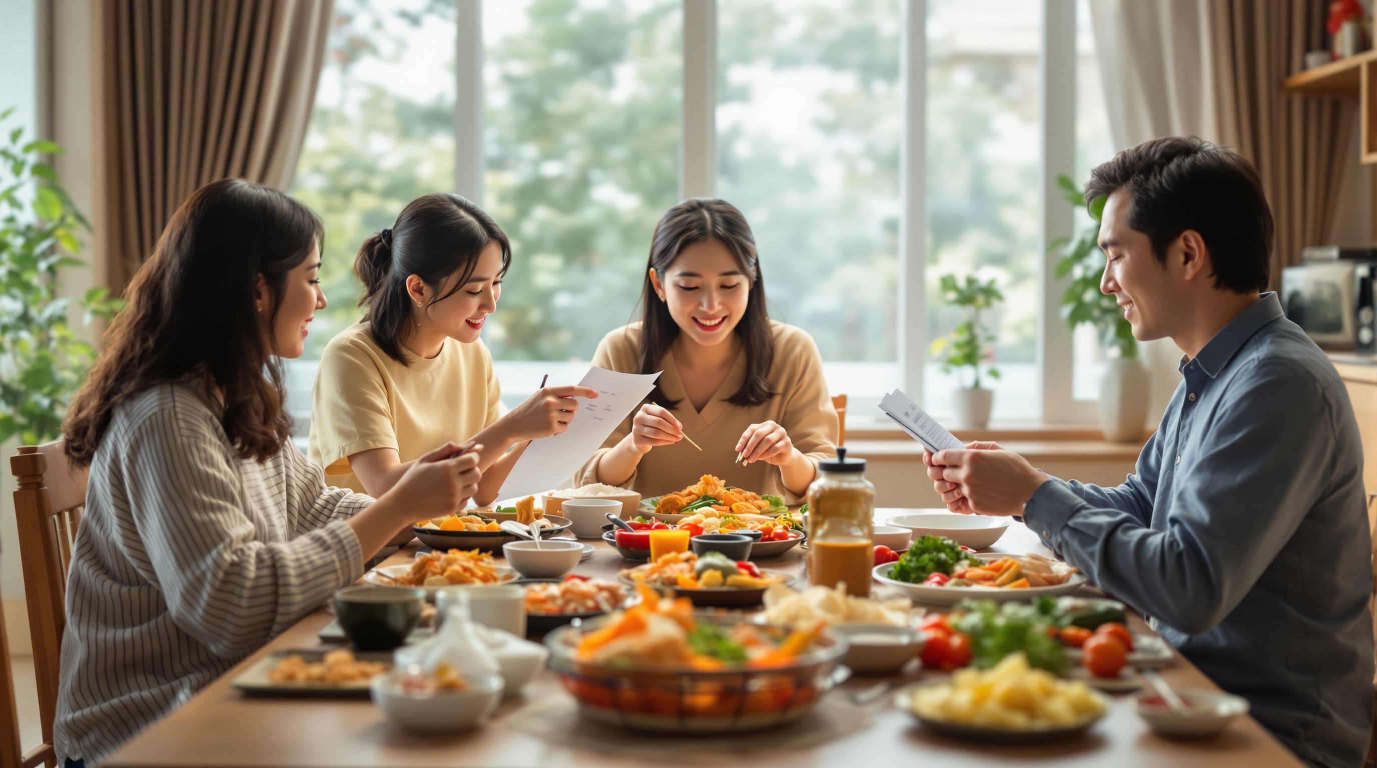 전통 음식이 차려진 식탁에서 대량 구매 전략을 논의하는 가족