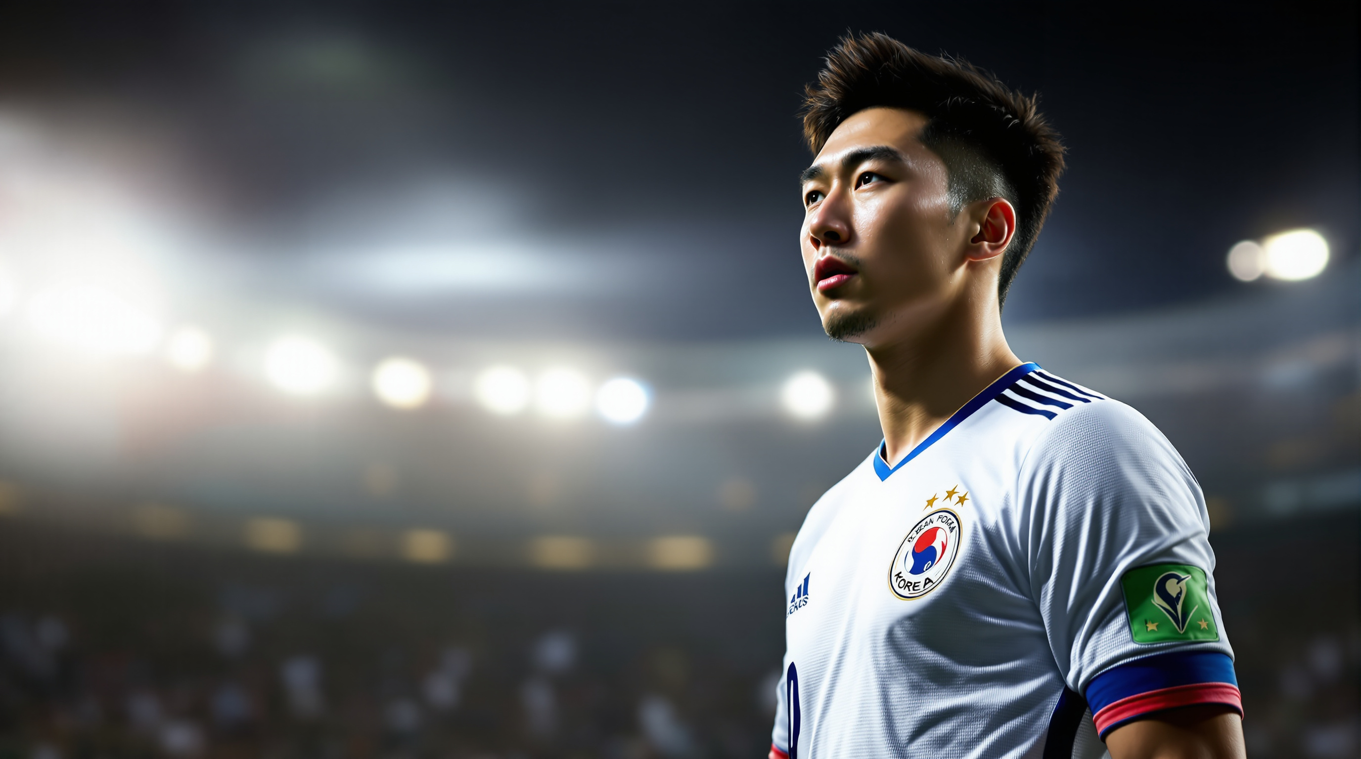 축구 경기장에서 진지한 표정의 손흥민 선수