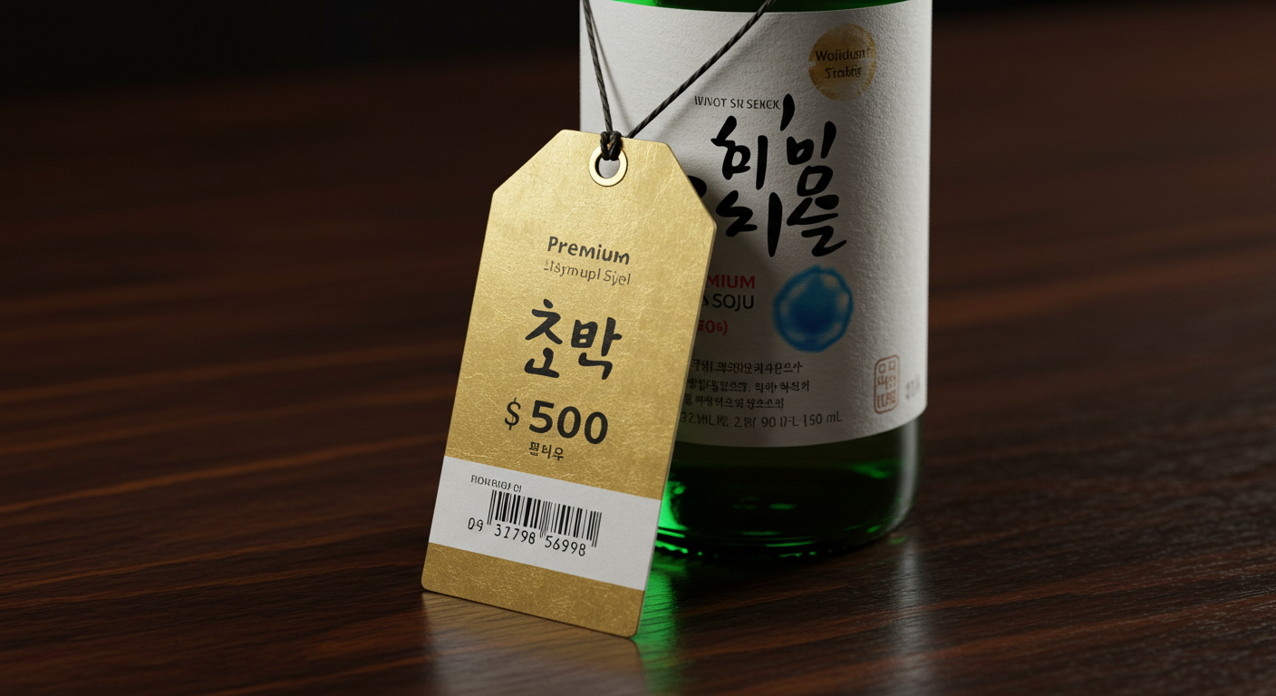 고급스러운 포장과 함께 테이블 위에 놓인 프리미엄 소주의 가격표
