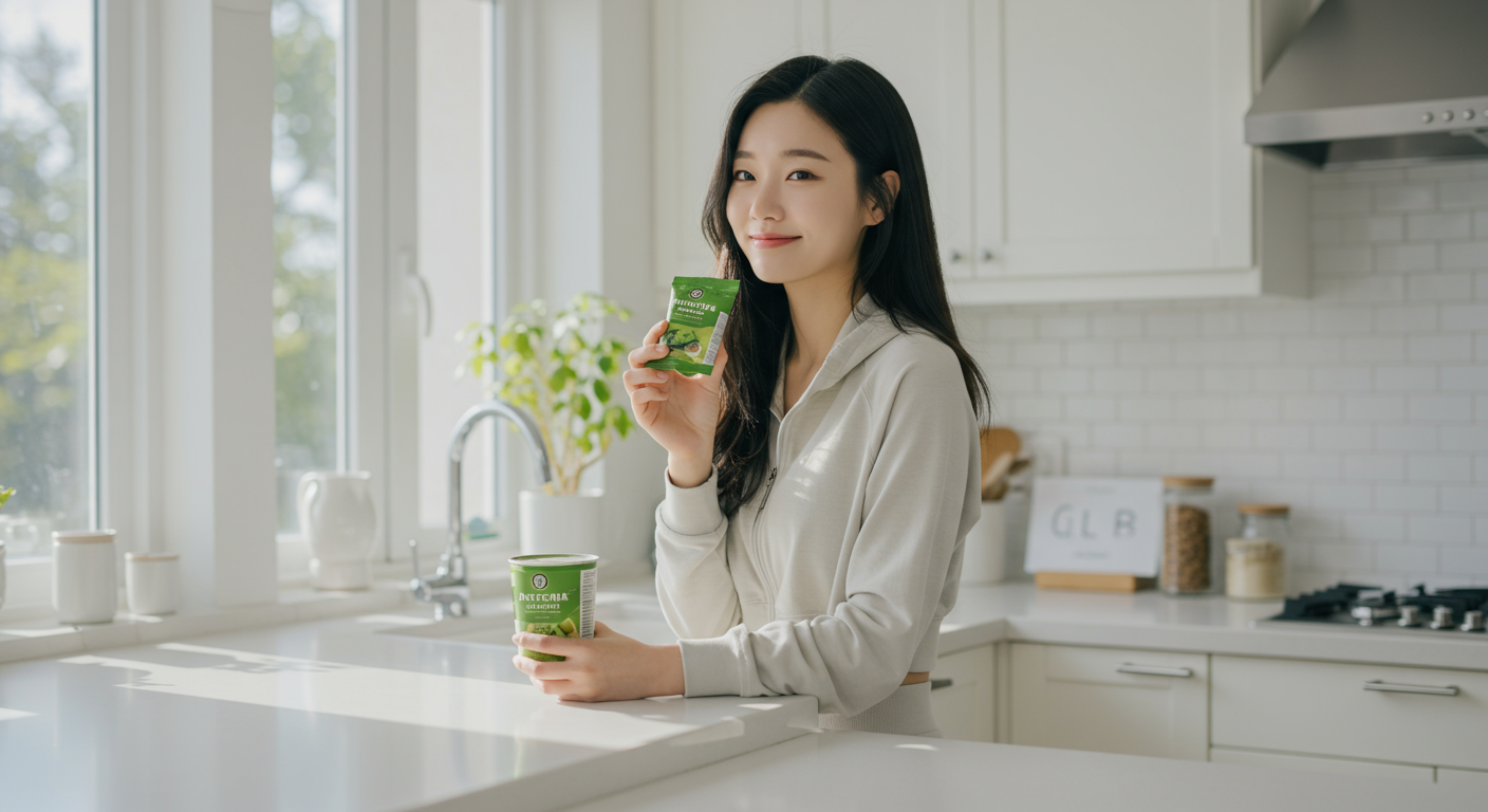 밝은 주방에서 건강을 생각하며 맛차 초콜릿 스낵을 즐기는 여성