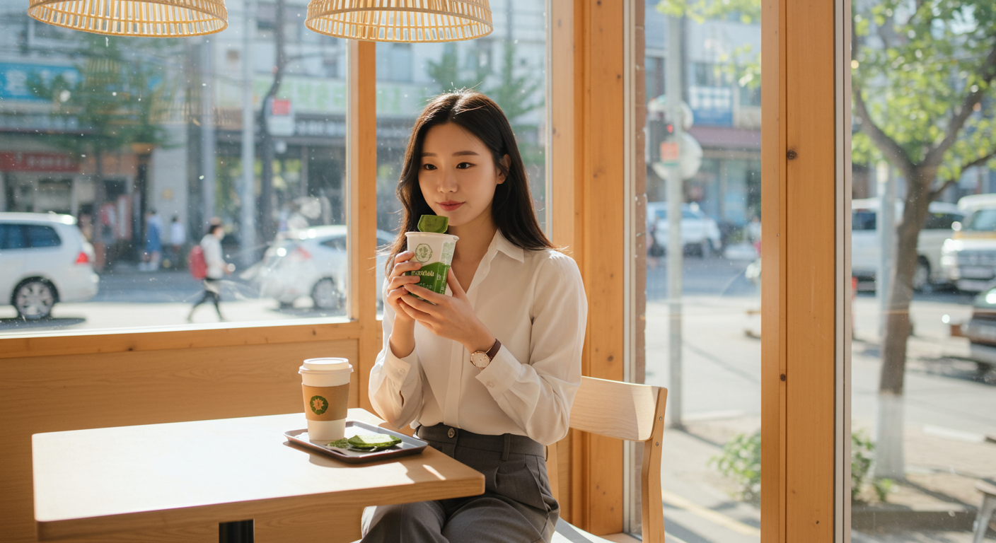 도심 카페에서 중간 휴식을 취하며 커피와 함께 맛차 스낵을 먹는 직장인의 모습