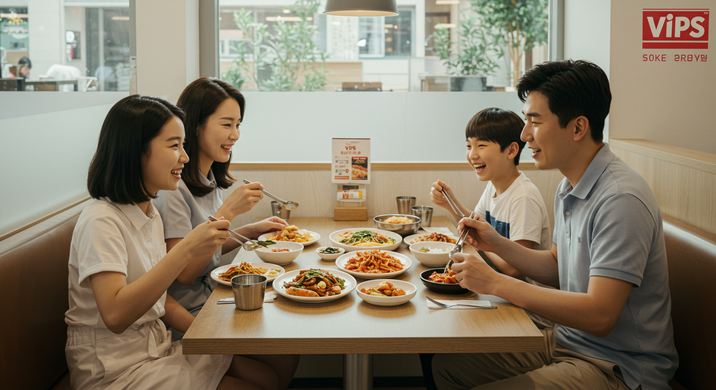 현대적인 분위기의 빕스 레스토랑에서 가족이 즐겁게 식사하는 모습