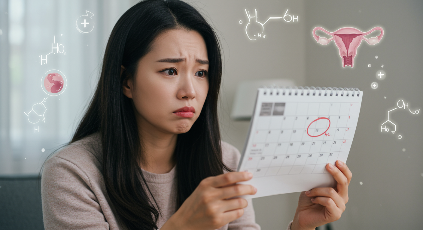 젊은 여성이 달력을 보며 걱정하는 모습과 다낭성 난소 증후군을 나타내는 의료 기호