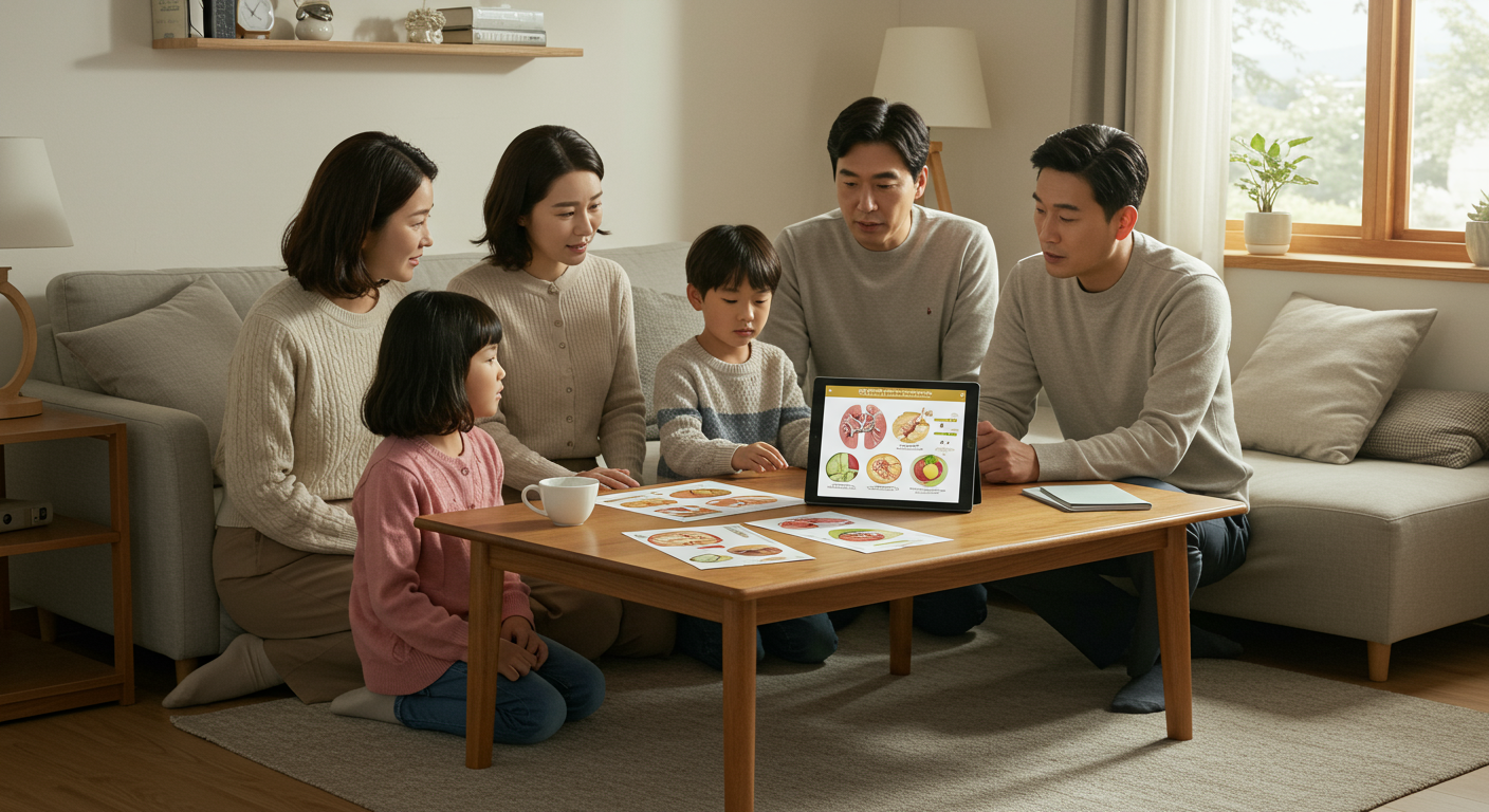가족들이 거실에서 장염에 대한 식이 관리를 이야기하는 모습