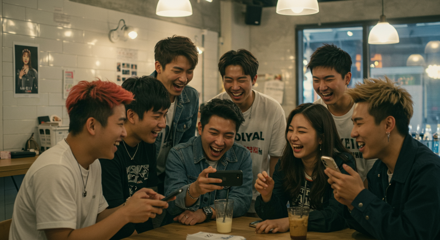 카페에서 스마트폰으로 '야르' 관련 유튜브 영상을 보며 웃고 있는 젊은이들
