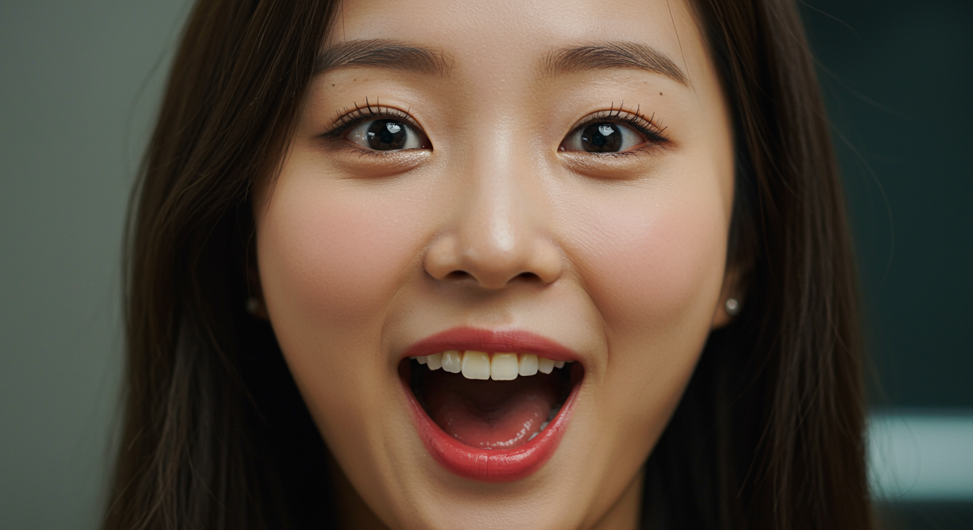 '야르!'라고 외치는 순간의 흥분과 놀라움이 담긴 젊은 여성의 얼굴 클로즈업