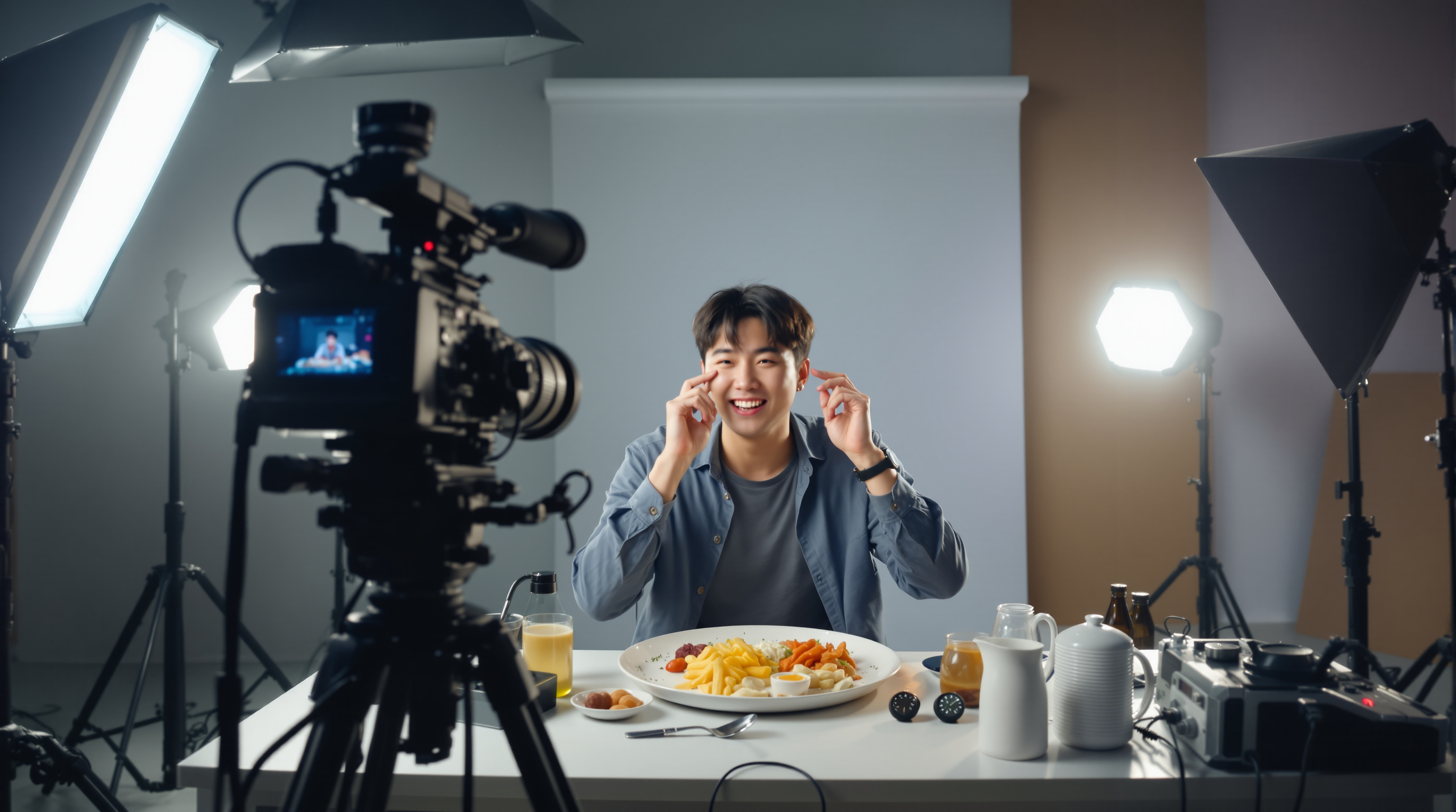스튜디오에서 촬영 장비와 함께 먹방 영상을 찍는 코미디언 류근일