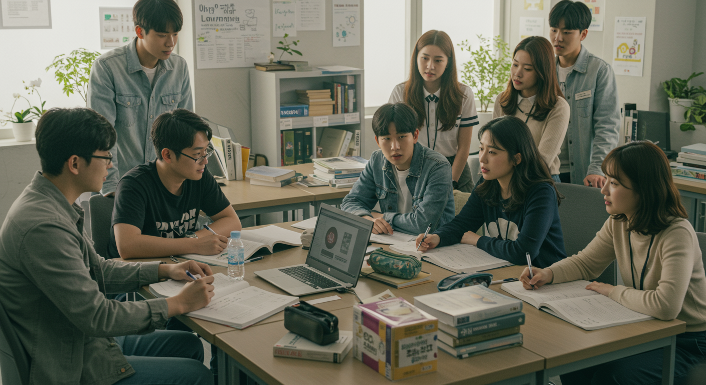 현대적인 공부방에서 대학 입시 전략을 논의하는 고등학생들