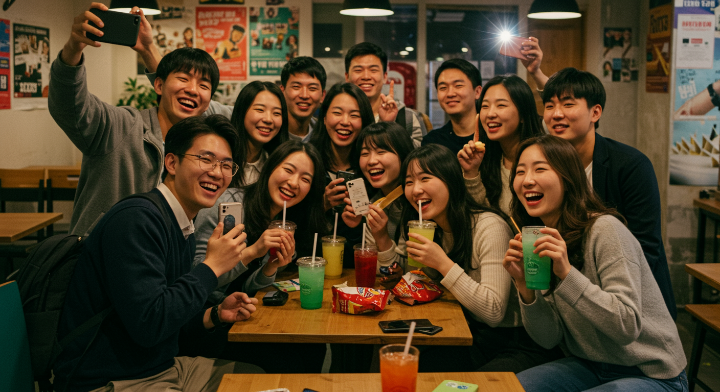 카페에서 대학 합격을 축하하며 즐거워하는 학생들 모습