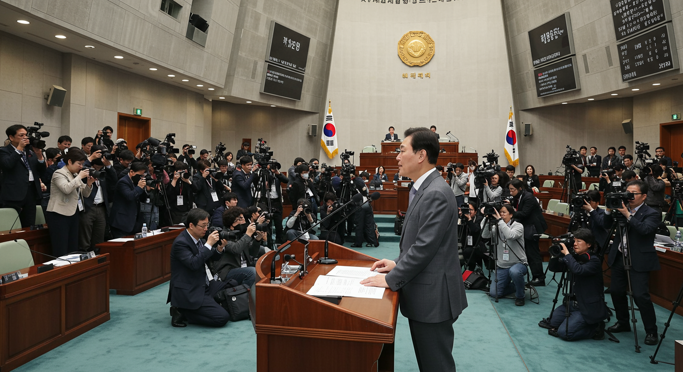 국회에서 연단에 서 있는 한국 현대 정치인의 긴장된 모습