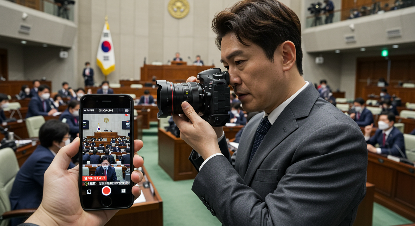 국회 회기 중 기자가 문제의 순간을 카메라에 담는 모습
