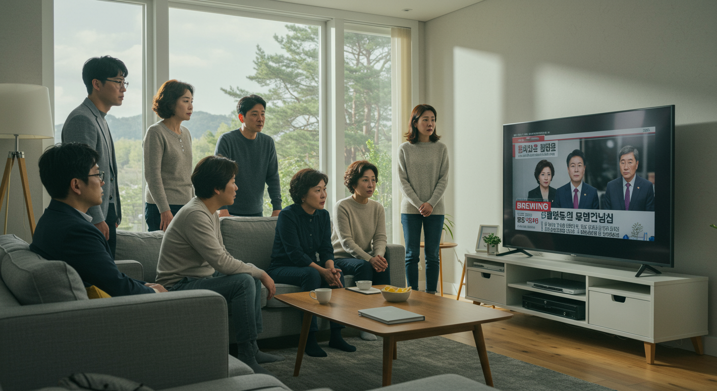 현대적인 거실에서 뉴스로 정치 윤리 개혁 소식을 보는 시민들의 모습