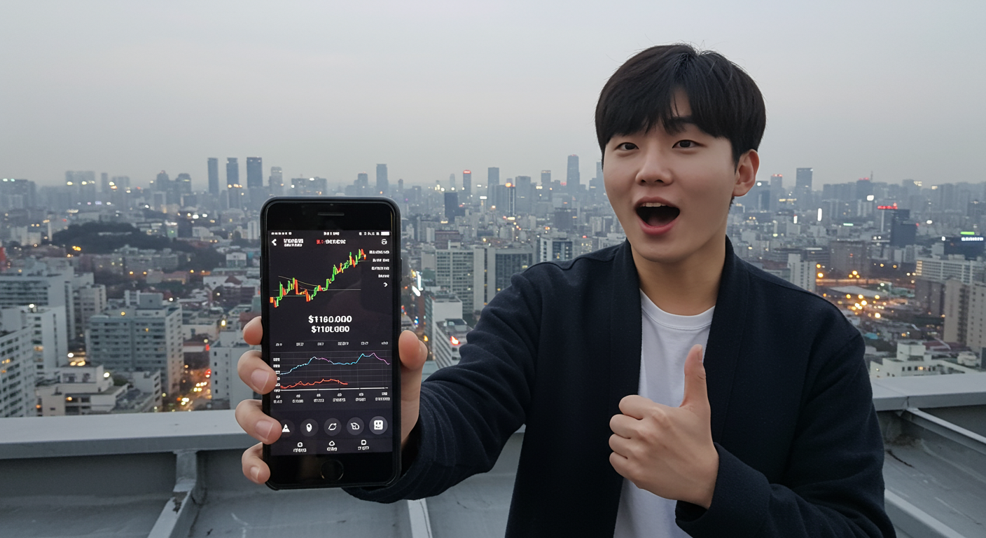 도시 옥상에서 스마트폰으로 실시간 비트코인 가격을 확인하는 젊은 투자자