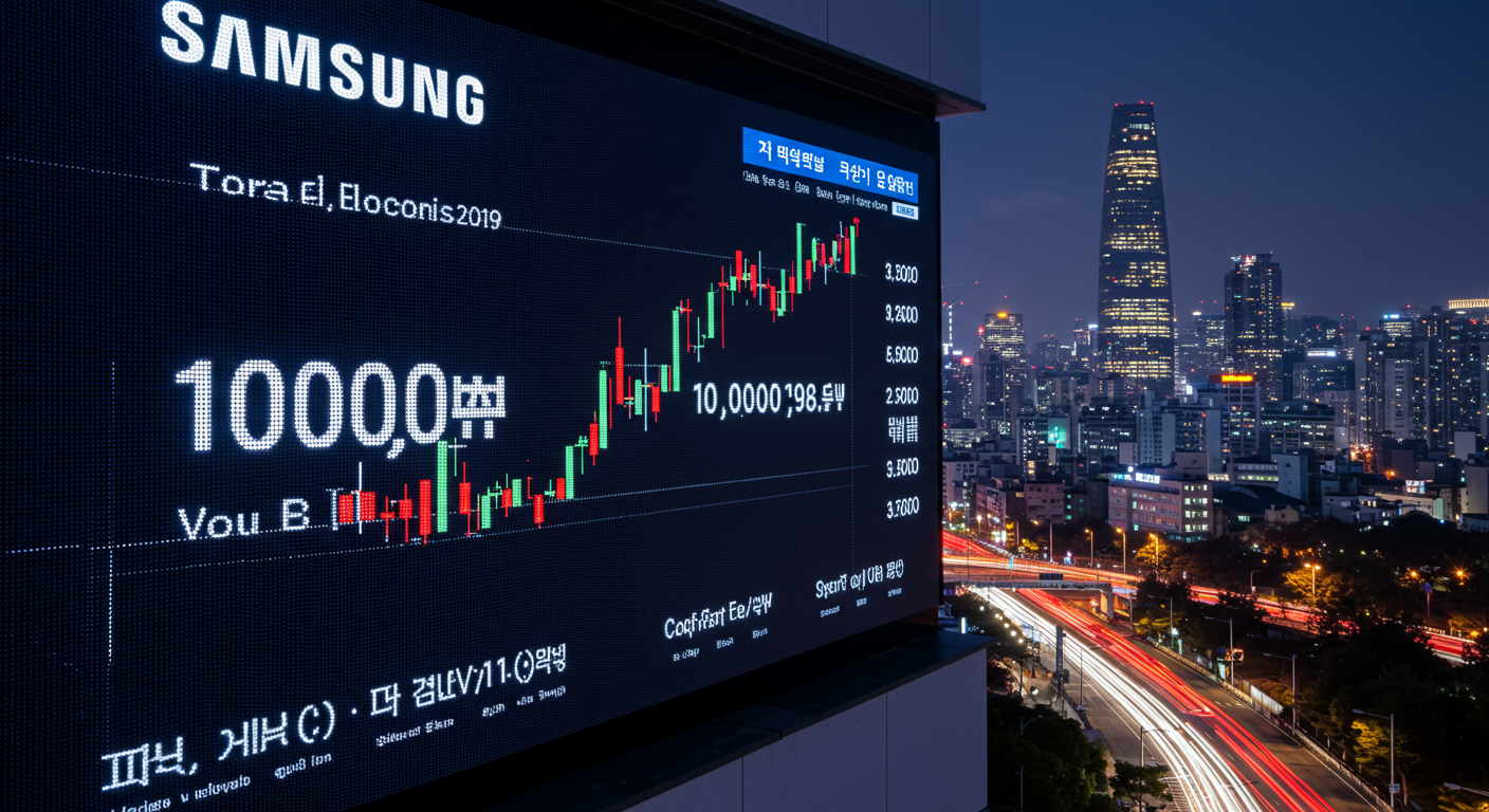 한국 주식 시장에서 삼성전자 주가가 10만 원을 넘은 모습을 보여주는 전광판과 도시 배경