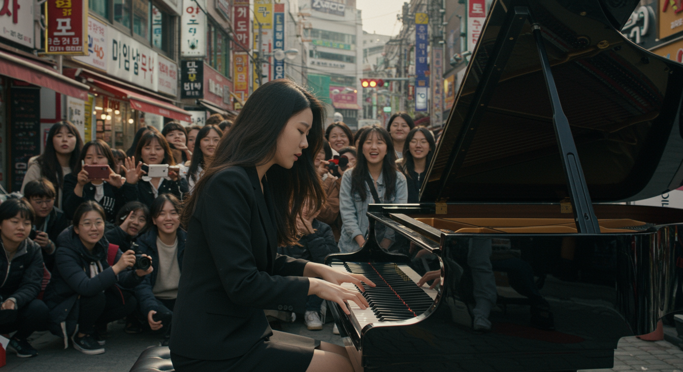 신촌 거리에서 피아노를 연주하는 젊은 피아니스트와 그녀를 둘러싼 행인들