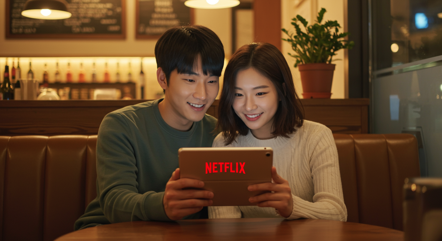 카페에서 태블릿으로 광고 없이 넷플릭스를 즐기는 한국 커플의 편안한 분위기