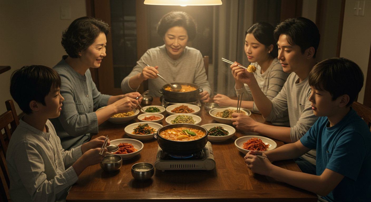 가족들이 식탁에 둘러앉아 들깨가루를 뿌린 순두부찌개를 함께 즐기는 따뜻한 분위기의 장면