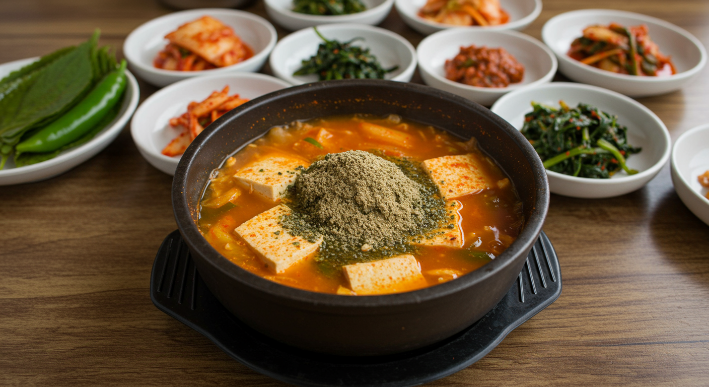 뜨거운 순두부찌개가 식탁 위에 놓여 있으며, 주변에 여러 가지 한국 전통 반찬들이 놓여 있는 모습